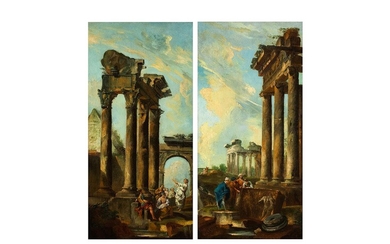 Giovanni Paolo Panini und Werkstatt, 1691 Piacenza – 1765 Rom, ANTIKE TEMPELSÄULEN MIT FIGURENSTAFFAGE