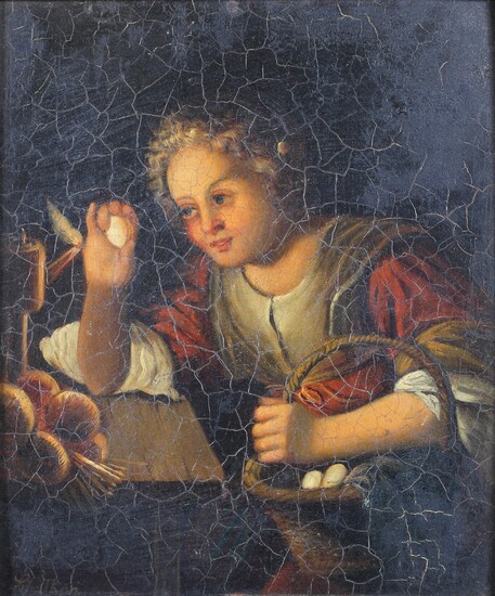 Manner of Godfried van Schalken (Dutch, 1643-1706), oil on metal panel, a figure carrying a basket