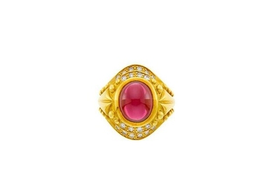 Gold, Cabochon Rubellite and Diamond Ring