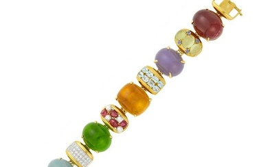 Gold, Colored Stone, Cultured Pearl and Diamond Bracelet