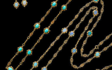Gold and Opal Long-Chain Suite with Matching Turquoise Necklace/Bracelets