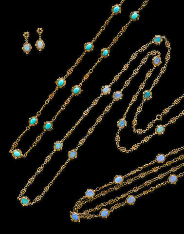 Gold and Opal Long-Chain Suite with Matching Turquoise Necklace/Bracelets