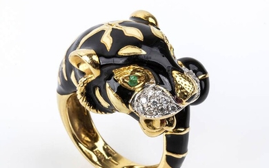 Gold, emerald, enamel panther and diamonds ring - by LEGNAZZI,...
