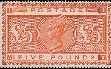 Great Britain 1867-83 Watermark Anchor, White Paper £5 orange, AA, large part original gum, ver...