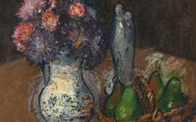 Gustave LOISEAU (1865-1935), "Vase de fleurs, Vierge et poires vertes", Huile sur carton signée en...