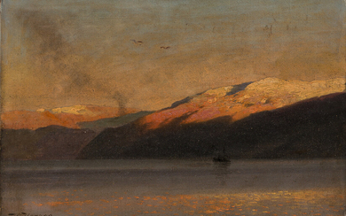 HERMANN HERZOG Evening on Sognefjord, Norway. Oil on canvas, circa 1855-60. 205x305 mm;...
