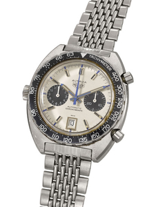 HEUER A FINE STAINLESS STEEL TONNEAU-SHAPED CHRONOGRAPH WRISTWATCH WITH BRACELET AND DATE, SIGNED AUTAVIA HEUER, REFERENCE 1163T, CASE NO 223’684, CIRCA 1972