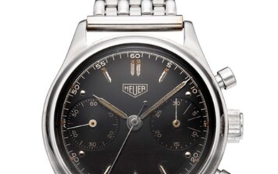 HEUER, STEEL CHRONOGRAPH WITH BLACK GILT DIAL