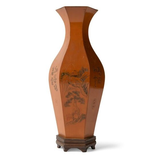HEXAGONAL VASE WITH BAMBOO APPLIQUE LATE QING