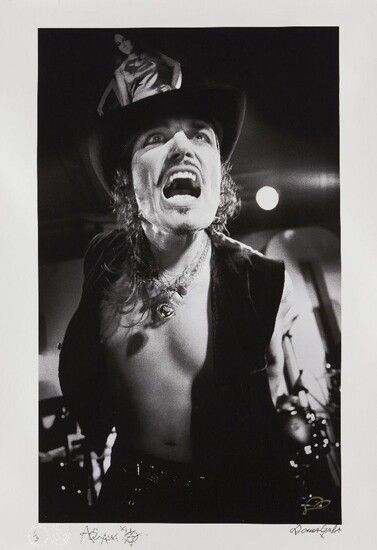 Hannah Domagala, British b.1976-Adam Ant in two poses;photographic prints, one in colour, on satin paper numbered 1/3 and the other 2/2 one signed by the artist with her blindstamp, and by Adam Ant, the other just signed by Adam Ant, and with the...