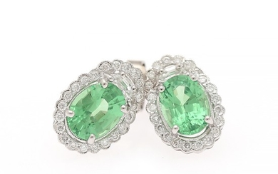 Hartmann's: A pair of tsavorite and diamond ear studs each set with an oval-cut tsavorite weighing a total of app. 2.71 ct., encircled by numerous diamonds.