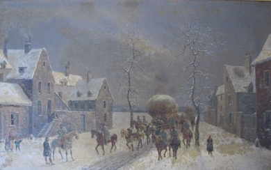Henri VAN WYK ; attribué à. « Cavaleries françaises dans un village à l'hiver 1870....
