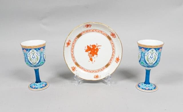 Herend Chinese Bouquet Plate, 2 Porcelain Goblets