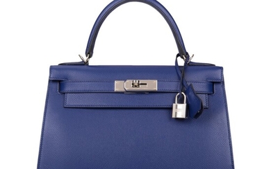 Hermes Bleu Encre Sellier Kelly 28cm of Epsom Leather with Palladium Hardware