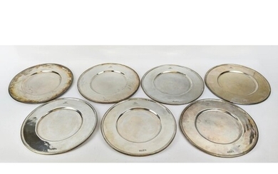 ITALIAN PEWTER PLATES, a set of eight, reeded border crown m...