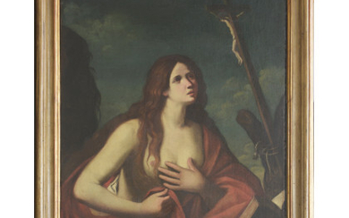 Ignoto, da modelli guercineschi "Maddalena penitente" antico dipinto ad olio su tela (cm 114x87). In cornice laccata (difetti e restauri)