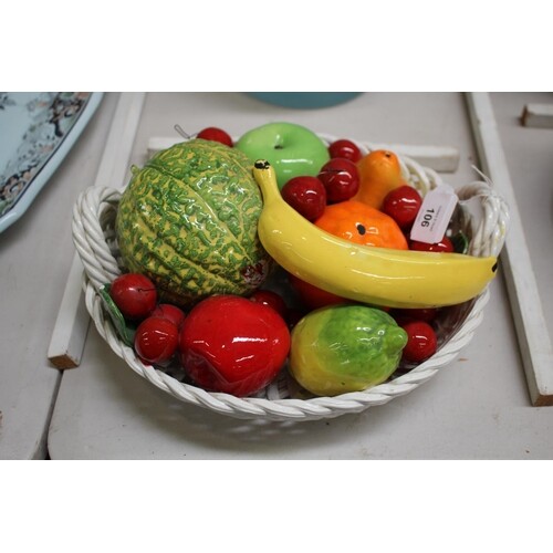 Italian Ceramic basket with ceramic fruit, approx 31cm W