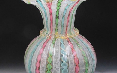 Italian Murano glass vase, Latticino with ruffled