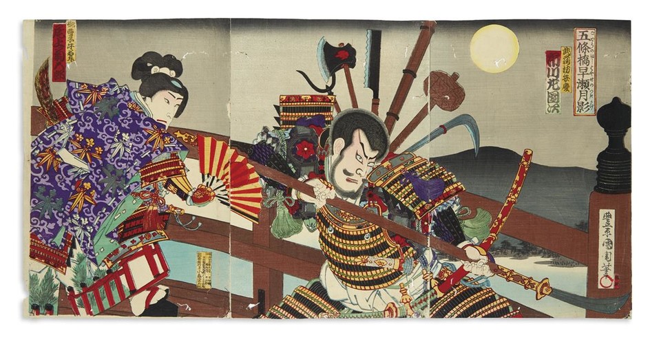 (JAPAN.) Group of 8 large Ukiyo-e color-woodblock triptychs. Sheets joined and each scene...