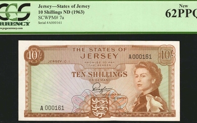 JERSEY. States of Jersey. 10 Shillings, ND (1963). P-7a. Low Serial Number. PCGS Currency New 62 PPQ.