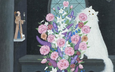 Jacqueline BENOIT (1925-2012), 'Chat et fleurs', huile