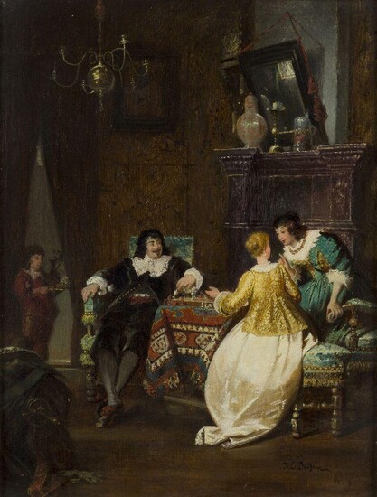 Jakob Emanuel Gaisser, German 1825-1899- The Chess Game; oil on panel, signed 'J. E. Gaisser' (lower right), 40 x 31 cm. Provenance: With The Cooling Galleries, London, no.7740.; Private Collection.