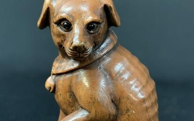 Japanese Carved Wood Netsuke, Dog With Ball