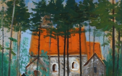 Jens Søndergaard: Composition with church. Signed Jens Søndergaard. Oil on canvas. 69×65 cm.