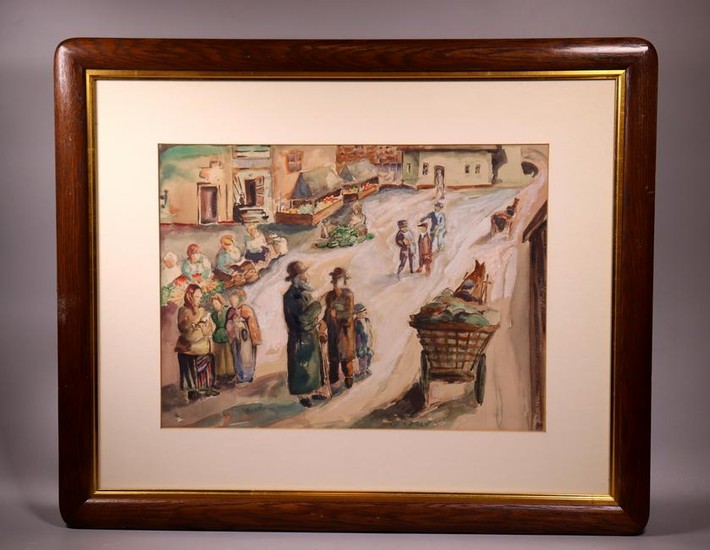 Jewish Theme Watercolor; Ghetto View with Figures
