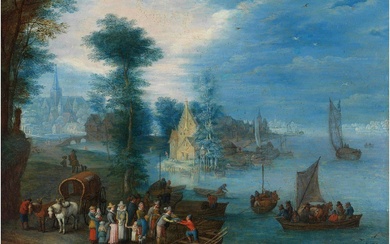 Joseph van Bredael, 1688 Antwerpen – 1739 Paris, FLUSSLANDSCHAFT MIT BOOTEN AN EINER ANLEGESTELLE UND REISENDEN AM UFER