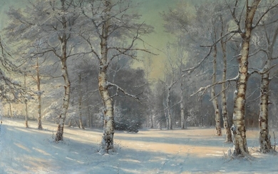 Karl Ioganovich Rosen: Quiet winter day in the forest glade at sunset. Signed K. Rosen. Oil on canvas. 142×193 cm.