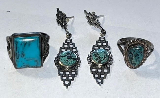 LOT 0F 2 STERLING / TURQUOISE RINGS, PR. STERLING TURQUOISE EARRINGS