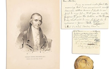 LOT OF 4: PHILLIP SYNG PHYSICK, FATHER OF AMERICAN SURGERY, SIGNATURES, LOCK OF HAIR, ENGRAVING.