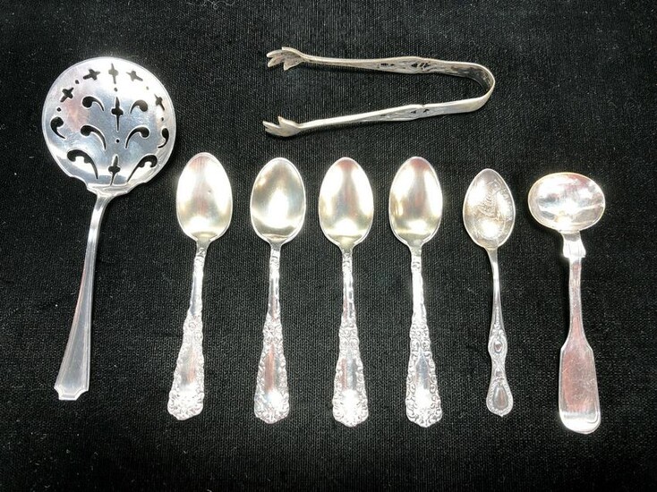 LOT OF STERLING SPOONS & TONGS