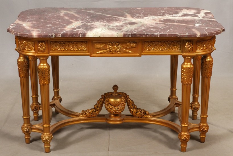 LOUIS XVI STYLE CARVED GILTWOOD AND MARBLE TOP TABLE 30 50 30