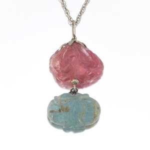 Ladies' Carved Pink and Blue Chinese Tourmaline on Gold Chain Necklace