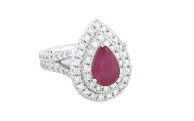Lady's Platinum Ruby Dinner Ring, with a pear shaped 2.29 carat Mozambique ruby, within a triple