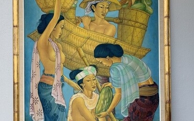 Large Balinese Figural Oil on Board Painting