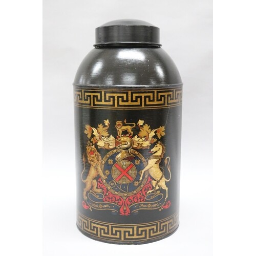 Large English black painted tole tea cannister with lion & h...