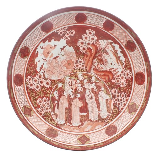 Large Japanese Kutani porcelain charger, decorated with pane...