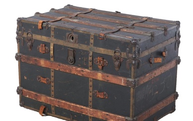 Late Victorian Metal-Mounted, Canvas-Lined, and Slatted Wood Steamer Trunk