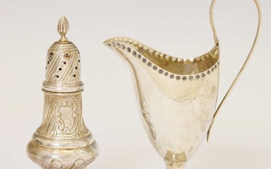 Late Victorian silver helmet cream jug and an Elizabeth II silver baluster pepperette