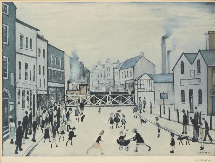 Laurence Stephen Lowry RBA RA, British 1887-1976, Level crossing, Burton-on-Trent, 1973; signed in pencil, edition of 850, published by Henry Donn in 1973, courtesy of Salford museum and art gallery, bearing the Fine Art Trade Guild blindstamp...