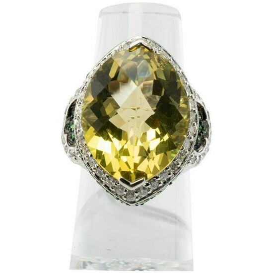 LeVian Tsavorite Diamond Lemon Quartz Ring 18K White