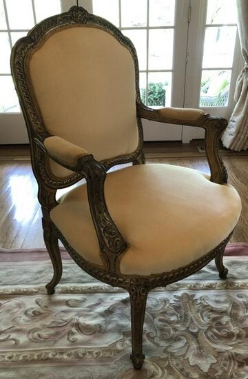 Louis XV Carved & Velvet Upholstered Bergere Chair