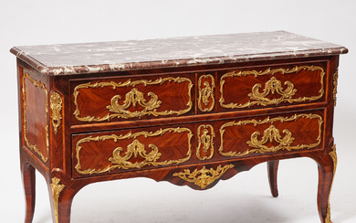 Louis XV/XVI Transitional Ormolu-Mounted Tulipwood and Purplewood Parquetry Commode by Delormé, 1750/75