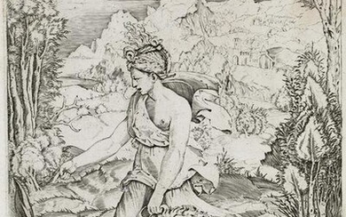 MARCO DENTE (after Raphael), Fortitude in Profile View Walking Toward a Fire at Left and Leading a