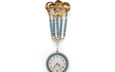 MARCUS & CO. Art Nouveau 14K Gold, Enamel, and Diamond Lapel Watch