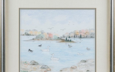 MARTHA CAHOON, Massachusetts, 1905-1999, "Swan Lake"., Mixed media, 9.75" x 11.75" sight. Framed 16.5" x 18".