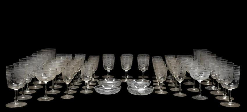 MONOGRAMMED COLORLESS GLASS TABLEWARE, 54PCS